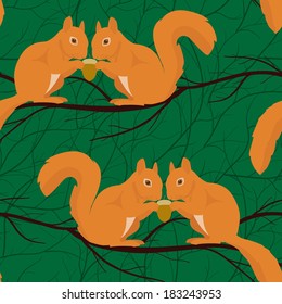 Seamless pattern with squirrel pairs sitting on the branch