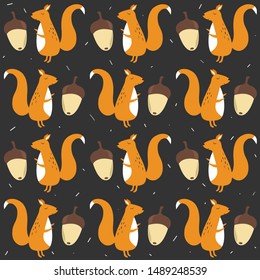 Seamless pattern, squirrels and acorns, hand drawn overlapping backdrop. Colorful background vector. Illustration with animals. Decorative colored wallpaper, good for printing