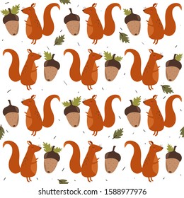 Seamless pattern, squirrels and acorns, hand drawn overlapping backdrop. Colorful background vector. Illustration with animals. Decorative colored wallpaper, good for printing