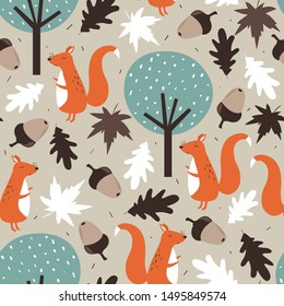 Seamless pattern, squirrels, acorns, leaves and trees, hand drawn overlapping backdrop. Colorful background vector. Illustration with animals. Decorative colored wallpaper, good for printing