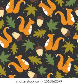 Seamless pattern, squirrels, acorns and leaves, hand drawn overlapping backdrop. Colorful background vector. Illustration with animals. Decorative colored wallpaper, good for printing