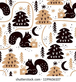 Seamless pattern with squirrels and christmas trees. Great for fabric, textile, wrapping paper. Vector Illustration