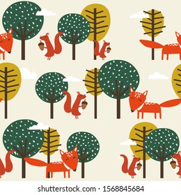 Seamless pattern, squirrels, foxes, acorns and trees, hand drawn overlapping backdrop. Colorful background vector. Illustration with animals. Decorative colored wallpaper, good for printing