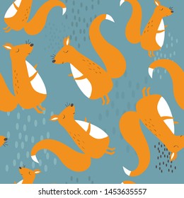 Seamless pattern, squirrels, hand drawn overlapping backdrop. Colorful background vector. Illustration with animals. Decorative colored wallpaper, good for printing