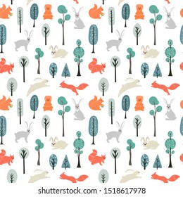 Seamless pattern. Squirrels, Hares on the background of trees, plants. Vector illustrations in a Scandinavian style.