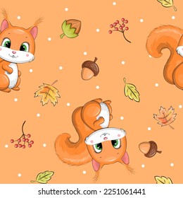 Seamless pattern with squirrels, leaves, acorns, berries, nuts. Autumn vector illustration of an animal on an orange background with white dots.