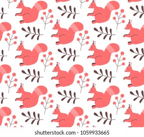Seamless pattern with squirrels, leaves  and berries. Cute vector illustartion in scandinavian style.