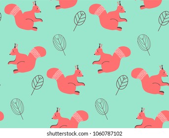 Seamless pattern with squirrels, leaves  and berries. Tribal vector illustartion in scandinavian style.