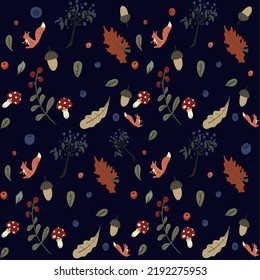Seamless pattern with squirrels leaves mushrooms and berries