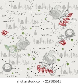 Seamless pattern with squirrels, mountain ash, pine cones, branches, trees, woods and herbs in a Scandinavian style.