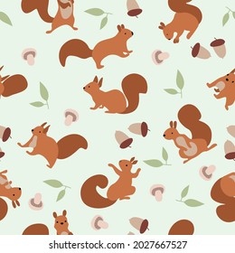 Seamless pattern with squirrels, nuts and mushrooms. Vector flat illustration with wild cute animal on green backdrop background.