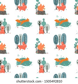 Seamless pattern. Squirrels on the background of trees, plants. Vector illustrations in a Scandinavian style.