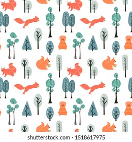 Seamless pattern. Squirrels on the background of trees, plants. Vector illustrations in a Scandinavian style.