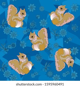 Seamless pattern with squirrels on blue background with flowers. 