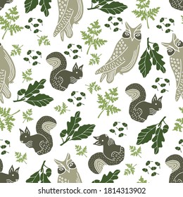 Seamless pattern with squirrels and owls, autumn illustration on a white background. Oak leaves with acorns