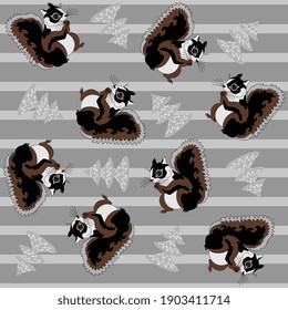 Seamless pattern with squirrels and snowy christmas trees on stripes silver grey background. Print for fabric.