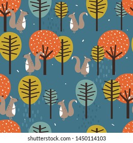 Seamless pattern, squirrels and trees, hand drawn overlapping backdrop. Colorful background vector. Illustration with animals. Decorative colored wallpaper, good for printing