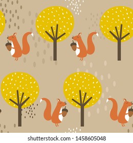 Seamless pattern, squirrels and trees, hand drawn overlapping backdrop. Colorful background vector. Illustration with animals. Decorative colored wallpaper, good for printing