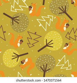 Seamless pattern, squirrels and trees, hand drawn overlapping backdrop. Colorful background vector. Illustration with animals. Decorative colored wallpaper, good for printing