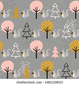 Seamless pattern, squirrels and trees, hand drawn overlapping backdrop. Colorful background vector. Illustration with animals. Decorative colored wallpaper, good for printing