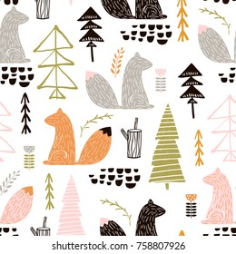 Patrón sin mar con ardilla, árboles. Altura creativa de bosque de fondo detallado. Perfecto para prendas de vestir para niños, tejidos, textiles, decoración para viveros, papel envolvente.Ilustración vectorial