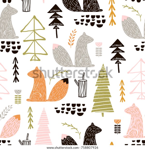 Seamless Pattern Squirreltrees Creative Woodland Height Stock Vector ...