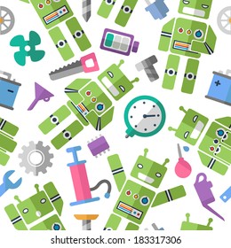seamless pattern srobotom, funny cartoon robot cartoon style, children's background