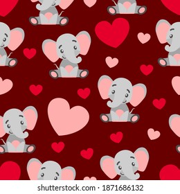 Seamless pattern. St Valentine’s Day. Baby elephant smiling. Cartoon style. Cute and funny. Red and pink hearts. Maroon background. Post cards, wallpaper, textile, scrapbooking and wrapping paper