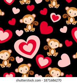 Seamless pattern. St Valentine’s Day. Baby monkey smiling. Cartoon style. Cute and funny. Red and pink hearts. Black background. Post cards, wallpaper, textile, scrapbooking and wrapping paper