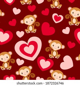 Seamless pattern. St Valentine’s Day. Baby monkey smiling. Cartoon style. Cute and funny. Red and pink hearts. Maroon background. Post cards, wallpaper, textile, scrapbooking and wrapping paper