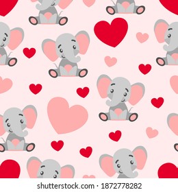 Nahtloses Muster. Valentinstag. Elefantenbaby lächelt. Cartoon-Stil. Frisch und lustig. Rote und rosa Herzen. rosafarbener Hintergrund. Postkarten, Tapeten, Textilien, Scrapbooking und Packpapier