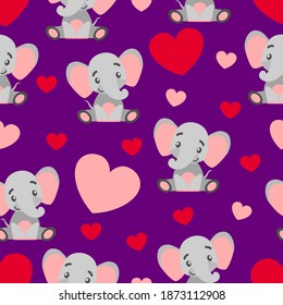 Seamless pattern. St Valentine’s Day. Baby elephant smiling. Cartoon style. Cute and funny. Red and pink hearts. Violet background. Post cards, wallpaper, textile, scrapbooking and wrapping paper