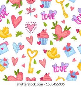 Seamless pattern for St. Valentine’s Day with keys, cupcakes, hearts, envelopes and lollipop on white background. Hand drawn background in cartoon style for wrapping paper, apparel, etc