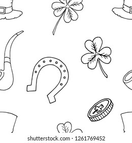 Seamless pattern of St. Patrick's Day illustrations. Vector cartoon background. Hand-drawn style.