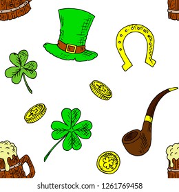 Seamless pattern of St. Patrick's Day illustrations. Vector cartoon background. Hand-drawn style.