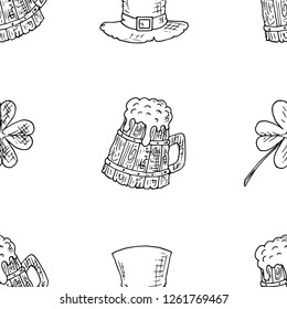 Seamless pattern of St. Patrick's Day illustrations. Vector cartoon background. Hand-drawn style.