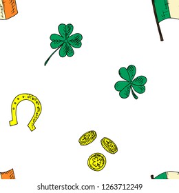 Seamless pattern of St. Patrick's Day illustrations. Vector cartoon background. Hand-drawn style.