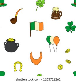 Seamless pattern of St. Patrick's Day illustrations. Vector cartoon background. Hand-drawn style.