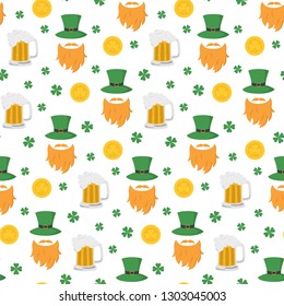 Seamless pattern with St. Patrick`s day icons. Vector illustration.