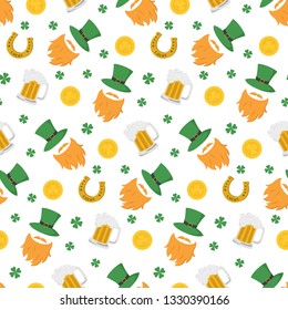 Seamless pattern with St. Patrick`s day icons. Vector illustration.