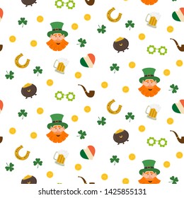 Seamless pattern with St. Patrick`s day icons. Vector illustration.
