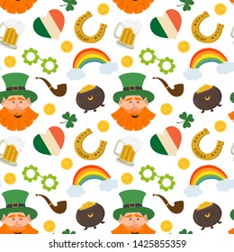 Seamless pattern with St. Patrick`s day icons. Vector illustration.