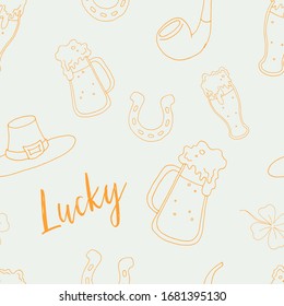 Seamless pattern for St. Patrick's day. Vector illustration. Stock vector. Outline illustration. Vector. Yellow outline on white.