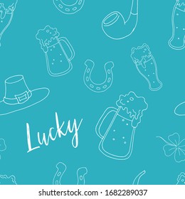 Seamless pattern for St. Patrick's day. Vector illustration. Stock vector. Outline illustration. Vector. White outline on a blue background.