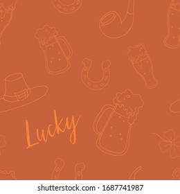 Seamless pattern for St. Patrick's day. Vector illustration. Stock vector. Vector. Orange outline on a red background.