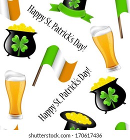 seamless pattern for St. Patrick's Day with a beer mug, hat, money, the boiler and the Irish flag. 