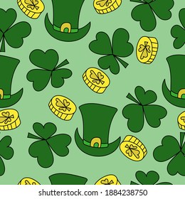 Seamless pattern for St. Patrick's Day, symbols of good luck clover, coin and leprechaun hat on a light green background, vector illustration