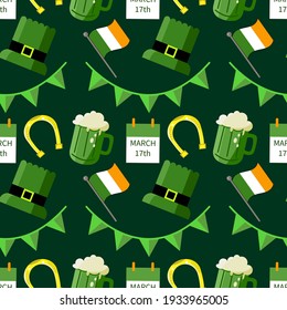 Seamless pattern of St. Patrick's Day with leprechaun hat, pot of gold, leprechaun boots and clover leaf elements on white background.  Perfect for wallpaper, holiday greeting cards, gift paper.
