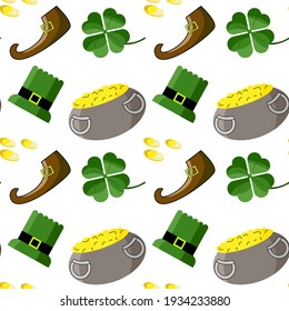 Seamless pattern of St. Patrick's Day with leprechaun hat, pot of gold, leprechaun boots and clover leaf elements on white background.  Perfect for wallpaper, holiday greeting cards, gift paper.
