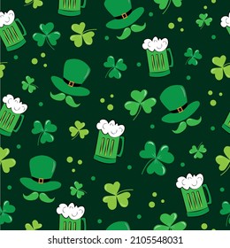 Seamless pattern for St. Patrick's Day. Leprechaun hat, mustache, beer mug and clover leaf on darkgreen backgound. 